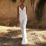 Spaghetti Strap Metal Zipper Back Open Satin Maxi Dress Long White Tunic Women Summer Clothes Elegant Party Dresses