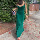 Spaghetti Strap Metal Zipper Back Open Satin Maxi Dress Long White Tunic Women Summer Clothes Elegant Party Dresses