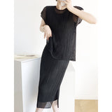 Folded Temperament Net Folding Set Thin Temperament Blouse Short-Sleeved Skirt Large Size Women's