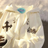Retro Little Devil Embroidered Zipper Hoodie Women Y2K Street Fashion Trend Joker Sweatshirt Couple Casual Loose