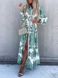 Vintage Printed Seaside Beach Dress Fashion Long Sleeve Button V Neck Long Dresses Spring Casual Office Women Loose