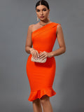 Midi Bandage Dress Women Orange Bodycon Dress Evening Party Elegant Sexy One Shoulder Birthday Club Outfit 2022