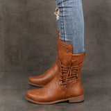 New British Style Knight Boots Ladies Autumn Solid Color Lacing Fashion Boots Women Plus Size Rivet Leather Botas Mid
