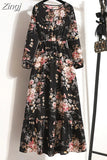 Women Elegant Floral Printed Long Dresses Spring Summer Casual O Neck Long Sleeve Ladies Chic High Waist A Line Beach