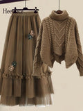 Winter Vintage Two Piece Sets Women Outfit Ladies Warm Thick Twist Turtleneck Knitted Sweater+mesh Skirt Set Women