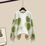 Lazy Sweater Two Piece set Women Sweet Heart-shaped beaded Pullover Jumper Top + Irregular Striped Skirt Knit 2PCS