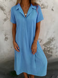 New Leisure Spring And Summer Loose Short-Sleeved V-Neck Solid Cotton Shirt