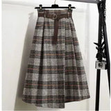 2022 Autumn Women Plaid Irregular Wool Midi Skirts Pleated Sashes England Style Vintage Warm A-Line Long Skirt Faldas Mujer