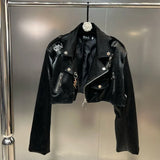 2022 Autumn Moto Style Embroidery Letters Black Bright Pu Faux Leather Jacket Women Coat Belt