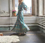 Queens Women Green Floral Print Tassel Beach Bohemian Maxi Dress Ladies Summer Rayon Cotton Boho Dresses