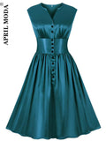 Vintage Sleeveless Satin Pleated Retro Dress Women Bandage Button Front Swing Pinup Casual Summer 50s Dresses Robe