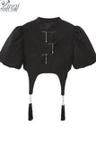 Summer Crop Top Loose Casual Shirt Women Puff Sleeve Turtleneck Gothic Vintage Harajuku Shirt Fashion Chinese Style