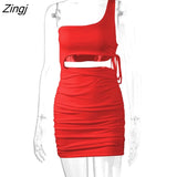 Women Bodycon Sundress Solid Color One Shoulder Sleeveless Hollow Out Drawstring Summer Mini Dress