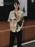 Japanese Streetwear Ukiyoe Print Summer Blouse Women 2020 Collared Button Up Shirt Short Sleeve Top And Blouse