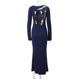 Blue Bodycon Long Sleeve Backless Maxi Dress- Outfit