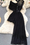 Women Sexy See Through Irregular Dress Elegant Female Ruffle Off Shoulder Slim High Waist Vestidos Green/White