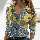 Women Long Sleeve V Neck Geometric Print Blouse Vintage Loose Polo Shirt Y2K Harajuku Oversize Tops Elegant Zip Sweatshirt