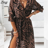 ruffle sleeves lace up wrap Summer Women's Fashion V-neck Slim Chiffon Printed Dress with Side Slit dress maxi