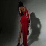 Spring Summer Women Elegant One Shoulder Diagonal Collar Long Evening Dress Sexy Black Red High Split Maxi Party