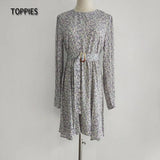 2021 Mini Dress Print O Neck Long Sleeve Belt Sweet Crushed Floral Dress Casual Women Colorful Holiday