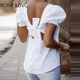 Women Square Neck Hollow-out Back Knot Bubble Sleeve Plain Blouse Women Summer