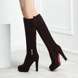 Women Flock Platform Square High Heel Knee High Boots Fashion Zipper Boots Autumn Winter Woman Shoes Black Brown Wine