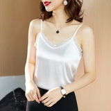 Silk Women Blouses Tops Woman Satin Lace Blouse Shirts Women Sleeveless V-neck Shirt Top 2023 Woman White Top