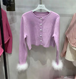 2022 Autumn New Style Removable Feather Sleeve Cuff Pearls Buttons Roung Neck Sweater Women Knitted Cardigans