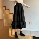 High Waist Pleated Skirt Women Loose Casual Teens School Girls Frill Ruffles Patchwork Long Midi Black White Goth