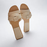 ZARZ Sandals Women's Flat Bottom 2022 Summer New Leather Cross Decoration Flat-Heeled Sandals Beige Lazy Slippers Women