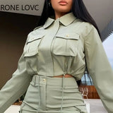 Women Solid Elegant button and Pocket Long Sleeves defined waist Tape Bodycon Skirt