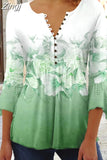 Floral Print Summer Blouse Women Elegant Simple Shirt V Neck Button 3/4 Length Sleeve Casual Holiday Basic Tops