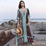 Queens Women Floral Print Short Sleeve Beach Loose Bohemian Maxi Dress Ladies Cotton Rayon Boho Sundress