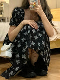Black Square Collar Bandage Puff Sleeve Print Chiffon Midi Maxi Dresses for Women Party Dress Korea Clothing Summer