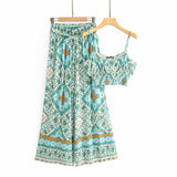 Queens Women Green Floral Print Sleeveless Tops Bohemian Wide Leg Pants 2 Pieces Rayon Boho