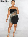 Sexy Black Rhinestone Crystal Mesh Patchwork Mini Dress Womens Strap Skinny Night Clubwear Bodycon