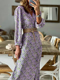 Summer New Long-sleeved Printed Dress Female V-neck Slim Waist Waist Long Skirt Bohemian Dress Female Office Lady