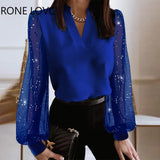 Women Chic Solid Long Lantern Glitter Sleeves V Neck Basics Blouse Blue Working