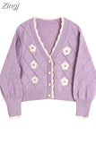 Autumn New Sweet Flowers V-neck Long Sleeve Button Knitted Coat Sweaters Harajuku Women Cardigan Fashion Korean Knitted
