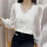 Summer Lace Patchwork Buttons Elegant Fashion Pullover Blouse Femme Oversized Long Perspective Sleeve All-match Shirt