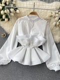 Women Yellow/Black/White Draped Ruffle Blouse Vintage Stand Collar Puff Long Sleeve Single Breasted Slim Blusas Female Tops