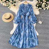 Women Blue/Red/Black Printed Party Dress Bohemian Puff Long Sleeve High Waist Ruffle Collar Midi Robe Female Vestidos