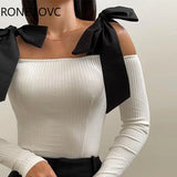 Women Chic Solid Basics Slash Collar Long Sleeves Strap Basics Blouse Knitting