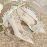 Women 2025 Summer New High-End Pointed Butterfly Wedding Shoes Water Drill Shallow Single Shoe