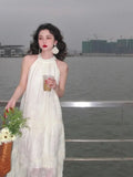 Loose-fitting Sleeveless Dresses Women Gentle Resort Style Temperament Senior Sense of Medium-length Lace Hooked