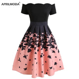 Print Women Vintage Dress Slash Neck Black Pink Patchwork Casual Party Dresses Sexy Elegant A-Line Swing Retro