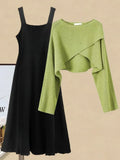 Winter Knitted Two Pieces Sets Womens Outfits Korean Casual Irregular Long Sleeve Short Sweaters And Knitting Dresses