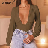 Black Deep V Neck Bodysuit Women Sexy Puff Sleeve Bodycon Jumpsuit Solid Elastic Casual Party Winter Bodysuits Body