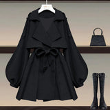Office Ladies Elegant 2 Piece Sets Women Korean FashionTurn-down Iantern Long Sleeve Trench Coat And Bodycon Pants