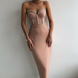 Strapless Women Dress Bandage Bodycon 2021 New Elegant Beading Party Evening Club Midi Dresses Summer Autumn